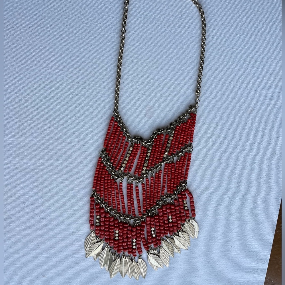 Orange beaded feather statement necklace